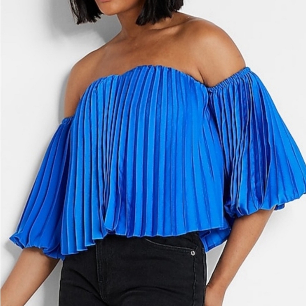 Express Blue Off-Shoulder Pleated Blouse